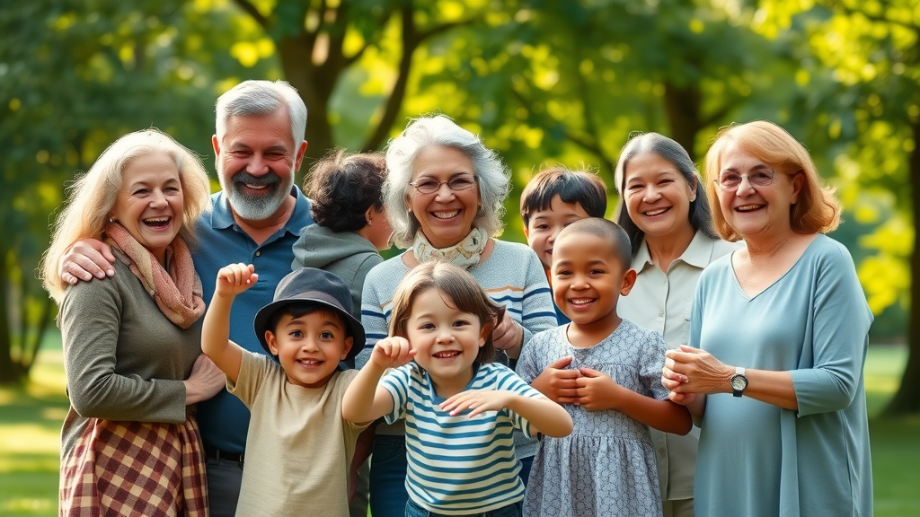Diverse multigenerational family in park demonstrating health by age and stage