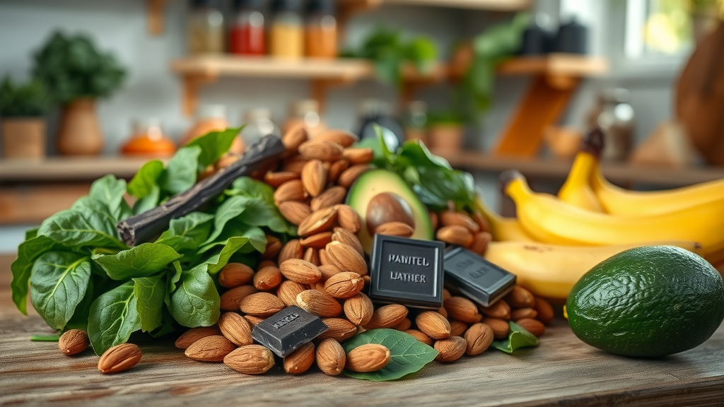 colorful array of magnesium-rich foods displayed on a wooden table