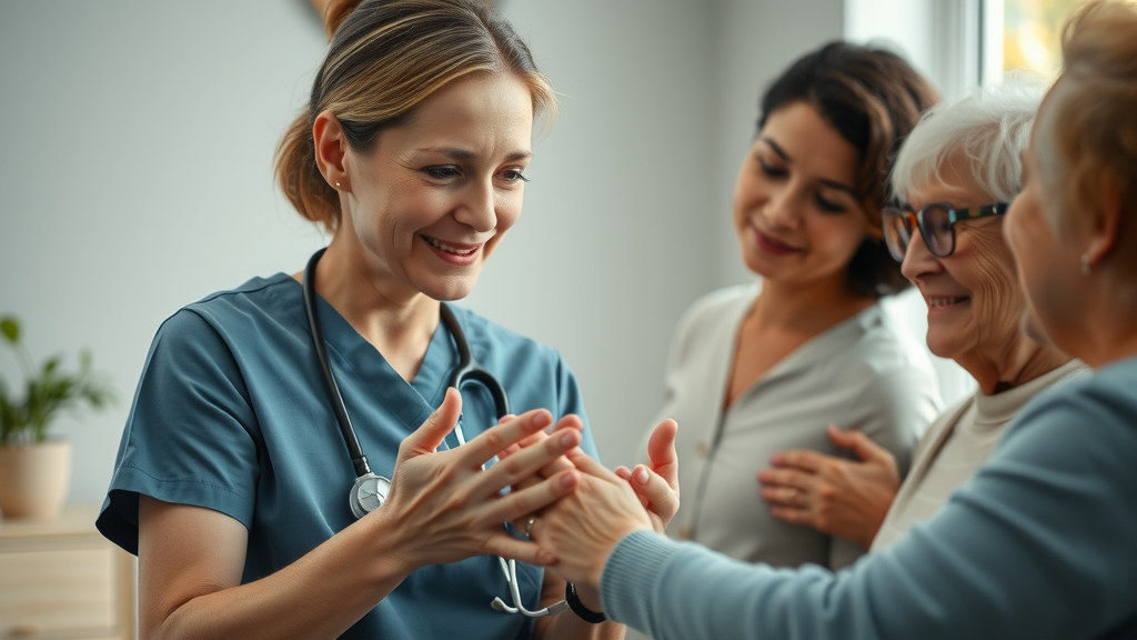 Healthcare professional empathizing with multigenerational family for mental health across health stages