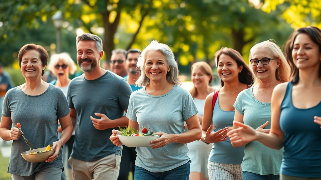 vibrant diverse group of adults participating in healthy lifestyle habits outdoors including walking, healthy eating, and meditating – healthy lifestyle habits, photorealistic, public park, bright colors