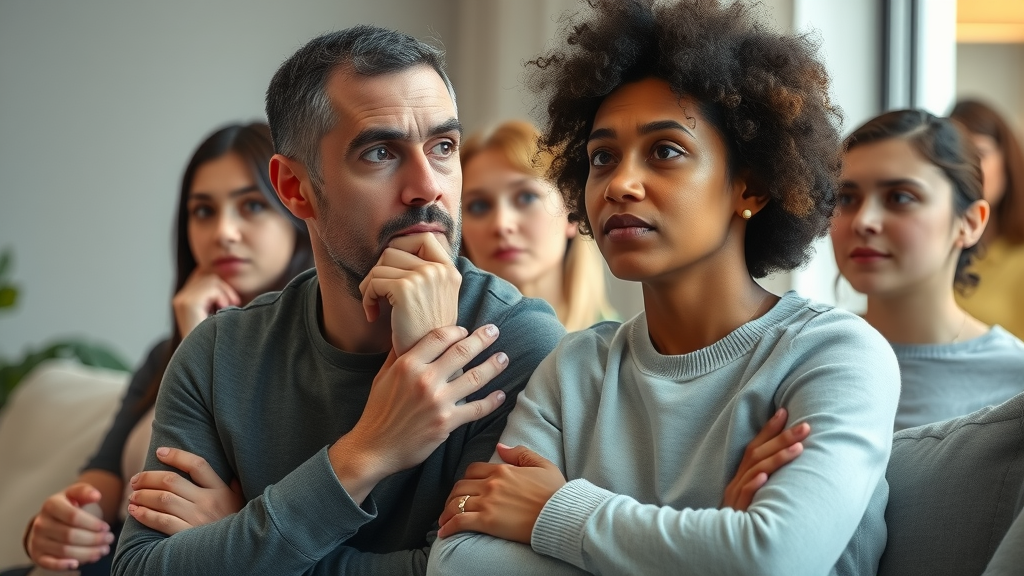 diverse adults reflecting on stressful moments in daily life with natural body posture - stress management techniques