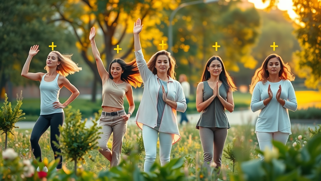 Illustration of the five areas of health and wellbeing, each represented by a person succeeding in fitness, mindfulness, supportive conversation, group socializing, and meditation, local health & wellness experts making a difference