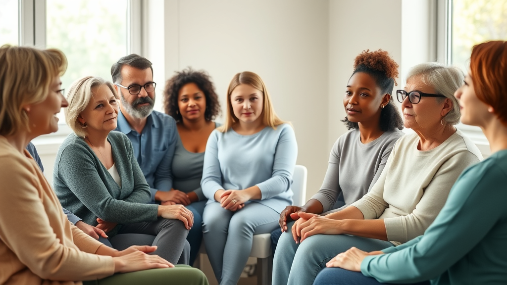 diverse group adults supportive circle mental health disorders clinic room