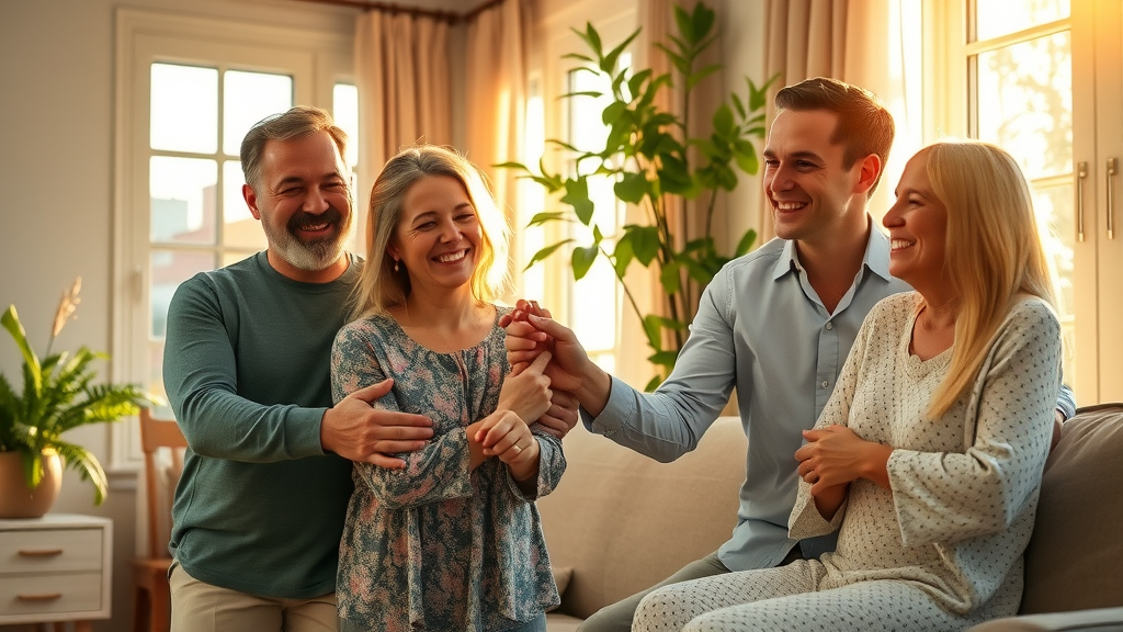 Extended family supporting each other emotionally and physically for health stages in a sunlit living room