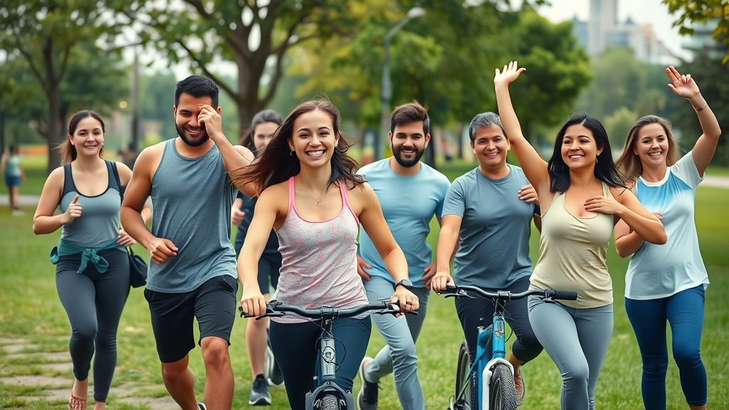 health and wellness impact | Inspiring diverse group of people engaging in healthy lifestyle activities in an urban park setting