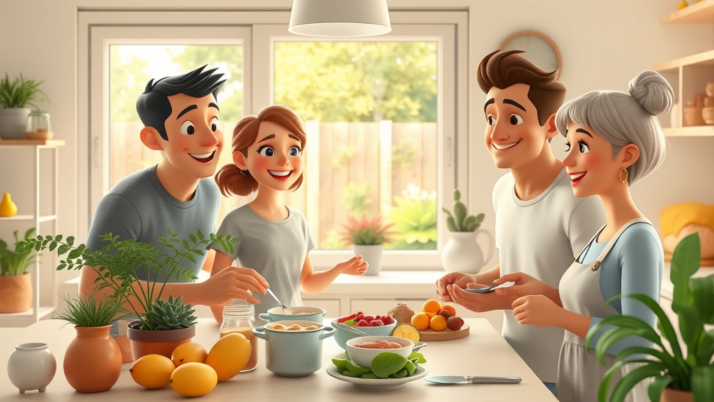 motivated family preparing healthy breakfast as part of daily healthy lifestyle habits in a sunlit kitchen with garden view, natural animated style