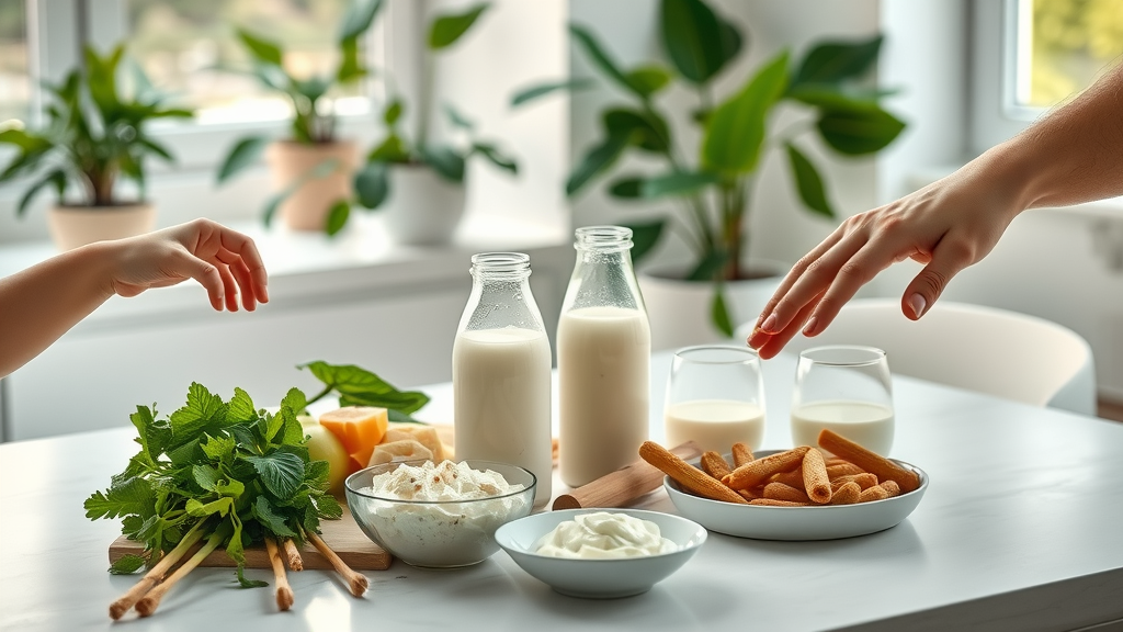 fortified soy: variety of fortified soy drinks, tofu, and plant-based foods arranged in a modern kitchen, hands of children, adults, and seniors reaching for food