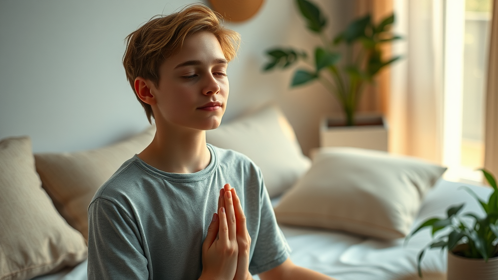 Young adult practicing self-compassion and overcoming self-stigma through meditation