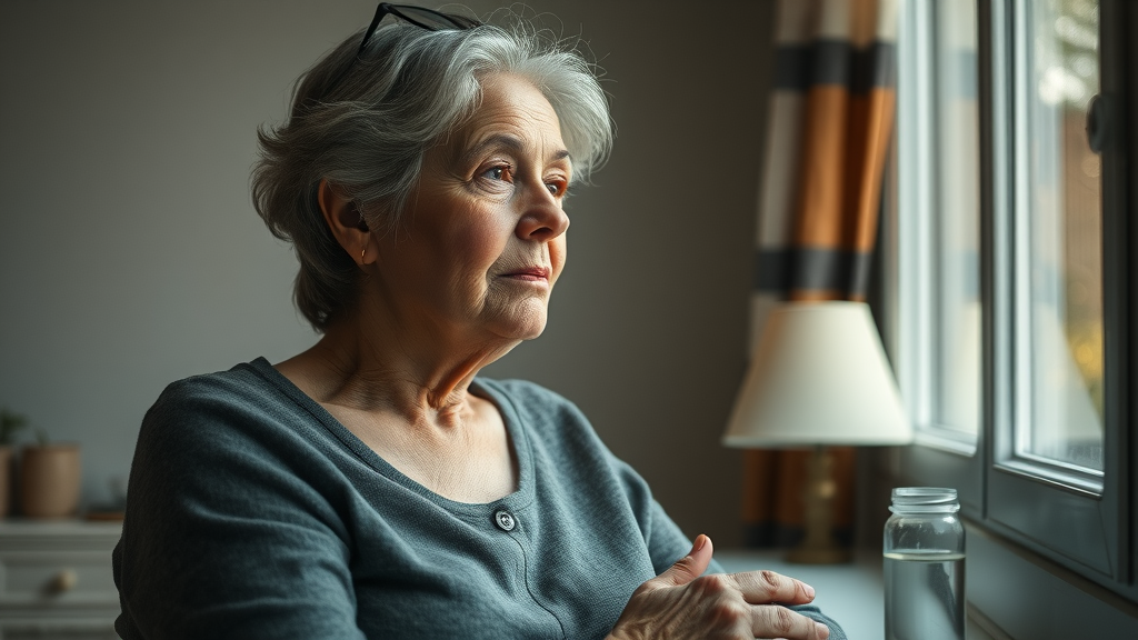 Understanding chronic illness: thoughtful woman with health-support items in a gentle home setting
