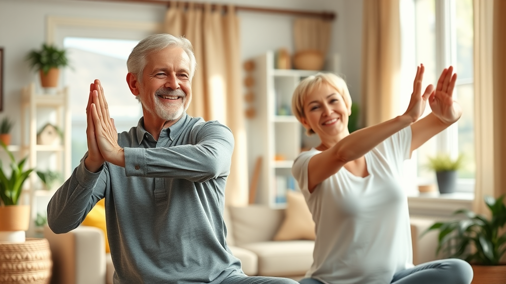 Active older adults practicing yoga together, illustrating physical activity benefits for older adults