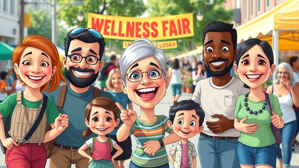 Enthusiastic local residents hosting a vibrant outdoor wellness fair as part of community wellness projects with wellness booths and banners