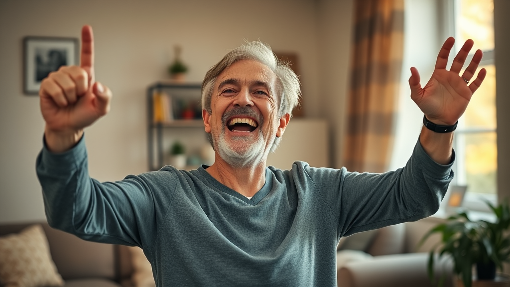 Cheerful adult celebrating chronic illness health progress at home, raising arms in victory and surrounded by personal health tracking devices