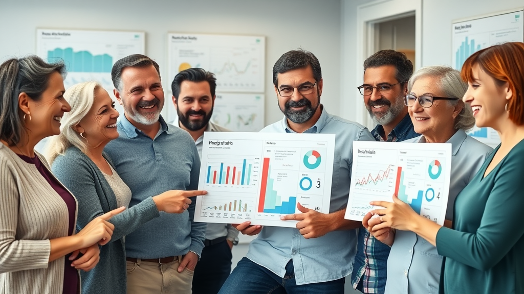 Insightful infographic showing a diverse group of people at different life stages for health stages in a modern clinic with data charts