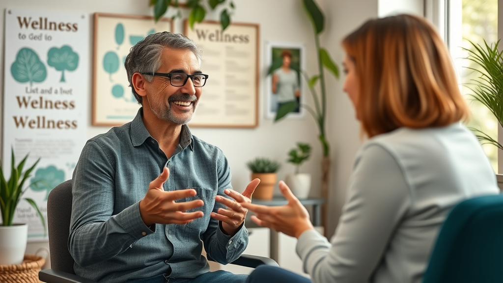 motivated adult client discussing wellness goals with supportive wellness coach, health and wellness coaching session in a cozy office