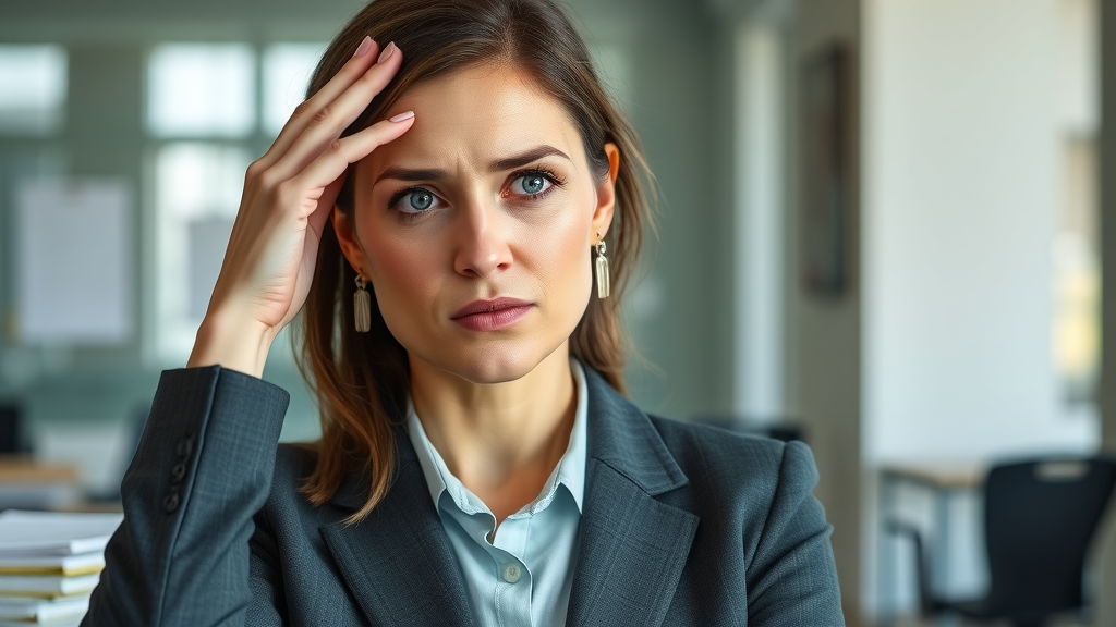 concerned professional woman practicing stress management techniques in a modern office