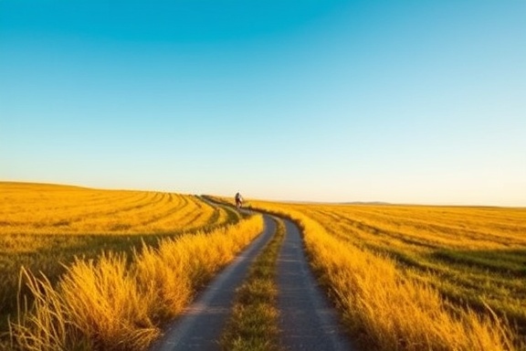 invigorating wellness program, focused, cycling through countryside, photorealistic, a winding path through open fields under clear azure sky, highly detailed, gentle wind rustling grasses, warm yellows and greens, afternoon light, shot with a zoom lens