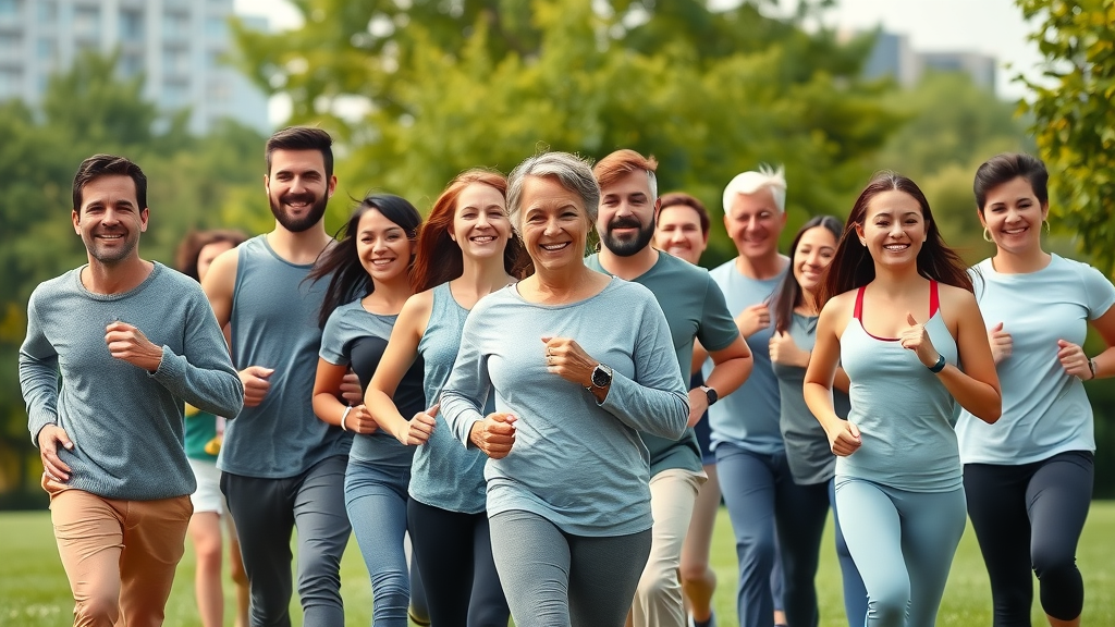 Group of adults engaging in preventive wellness lifestyle activities in an urban park, smiling, moving, stretching, city skyline in background, rich natural colors, clear skies