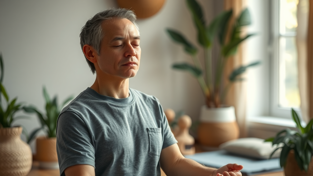 adult practicing yoga for mind-body chronic disease management, tranquil therapy environment