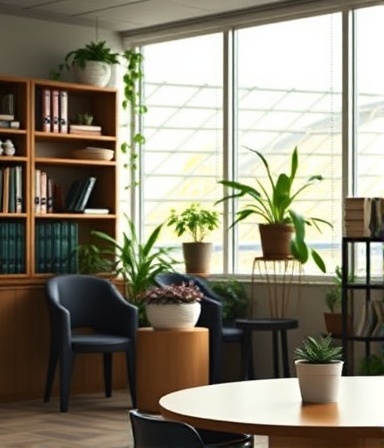 encouraging mentalhealth counseling, attentive, providing guidance, photorealistic, office with bookshelves and plants, highly detailed, sunlight filtering through large windows, muted greens and browns, natural lighting, shot with a 50mm lens