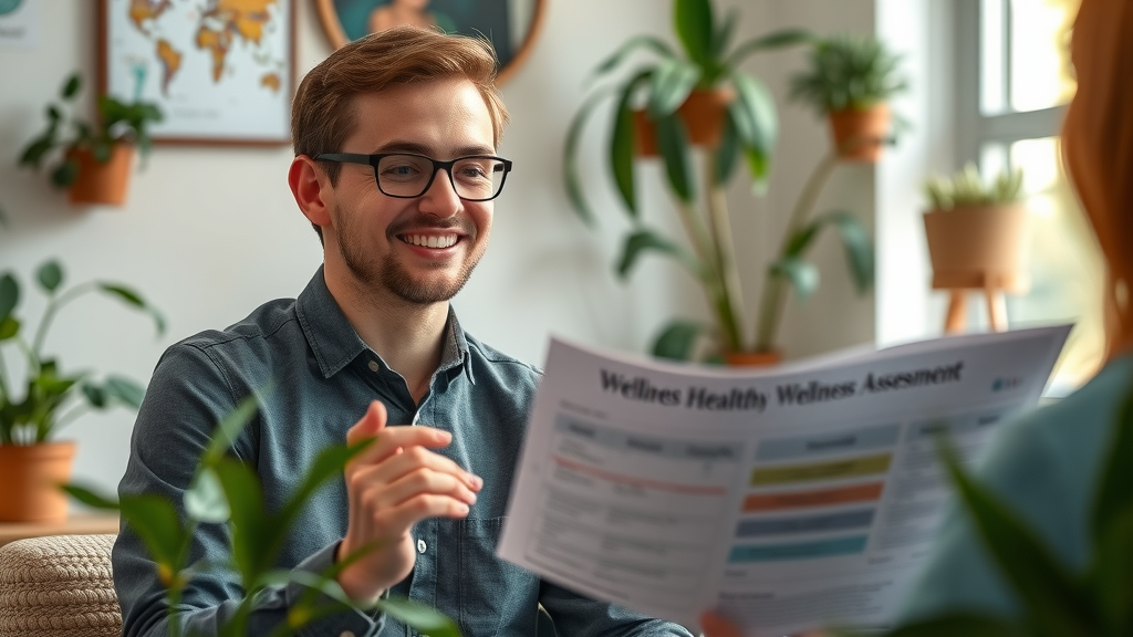 motivated individual meeting with a wellness professional, reviewing wellness assessment