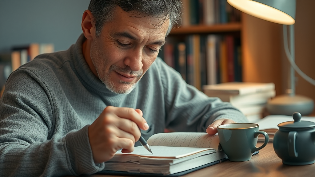 focused adult journaling for stress management techniques in a cozy workspace, reflecting for mental health