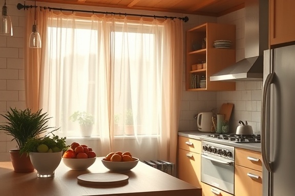 colorful nutrition health, inspiring, promoting well-being, photorealistic, serene kitchen with wooden accents, highly detailed, subtle movement in the curtains due to wind, wide-angle lens, warm hues, natural lighting, shot with a 35mm lens.