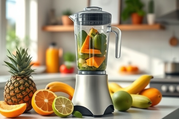 nutritional wellness focus, enthusiastic, blending a smoothie, photorealistic, brightly lit kitchen with tropical fruits on the counter, highly detailed, blender in action with ingredients whirling inside, ISO 200 for sharp image, vibrant green and orange hues, morning lighting, shot with a 24mm lens