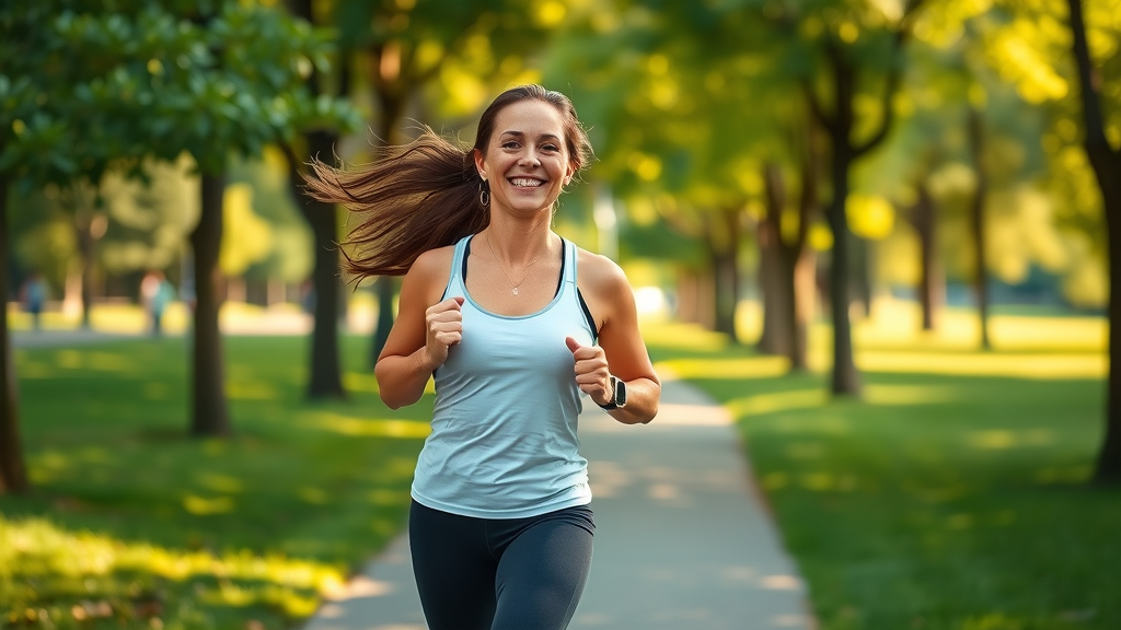 Smiling woman jogging outdoors practicing stress relief management techniques in a city park