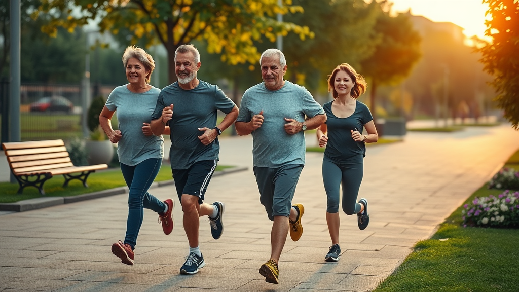Middle-aged people jogging in a city park, highlighting physical activity for chronic disease prevention.