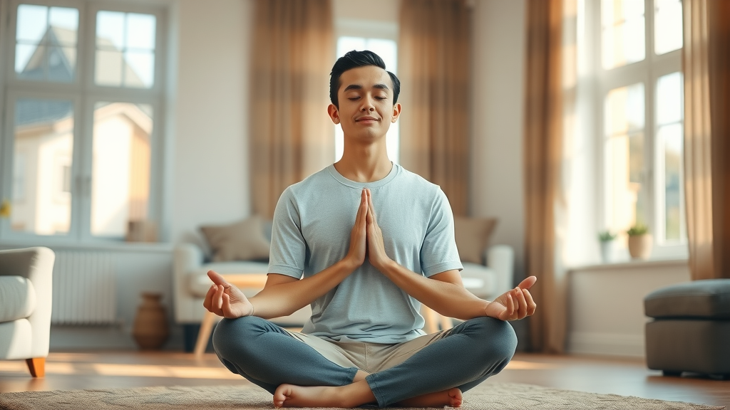 calm adult practicing deep breathing for stress management techniques, sitting cross-legged in a sunlit room