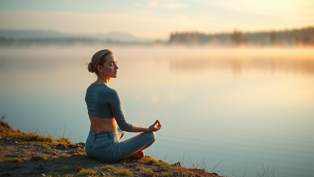 calm serene person meditating for mental health and stress reduction as part of healthy lifestyle habits by a peaceful lake, accurate natural setting, soft lighting