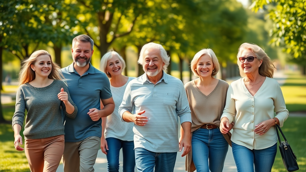hopeful multi-generational group of adults walking together in a sunny park practicing chronic disease self-care
