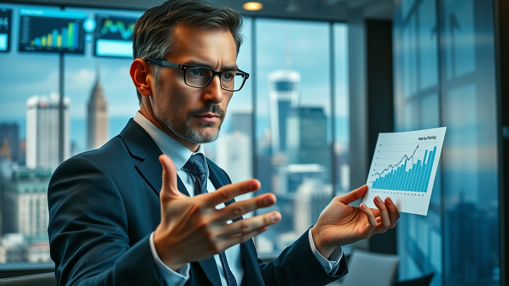 analytical economist examining healthcare spending versus life expectancy charts in modern office