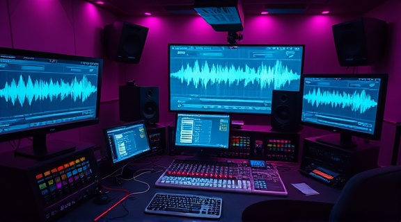 technological podcast broadcasting, poised, transmitting audio, photorealistic, control room filled with monitors and audio levels, highly detailed, screens showing waveforms in motion, cool hues, LED lighting effects, shot with a 16mm lens