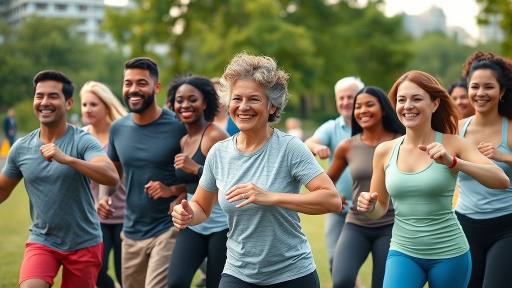Vibrant diverse community group participating in outdoor fitness activity for community wellness projects in a city park with urban skyline