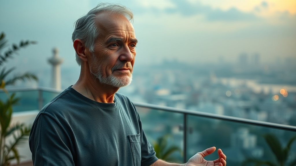 Serene aging adult meditating for health stages in a futuristic garden terrace