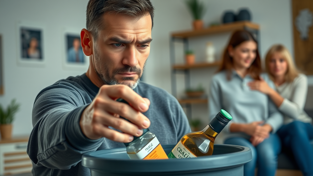 Adult discarding cigarettes and alcohol, supported by family for chronic disease prevention.