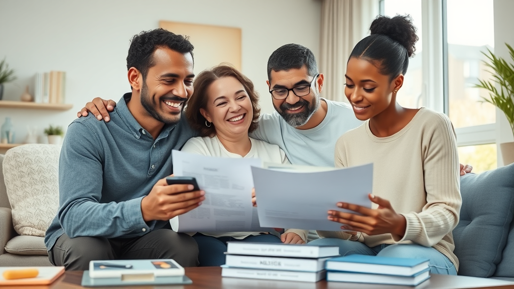 preventive health by age, multi-ethnic family reviewing medical documents together in bright modern living room