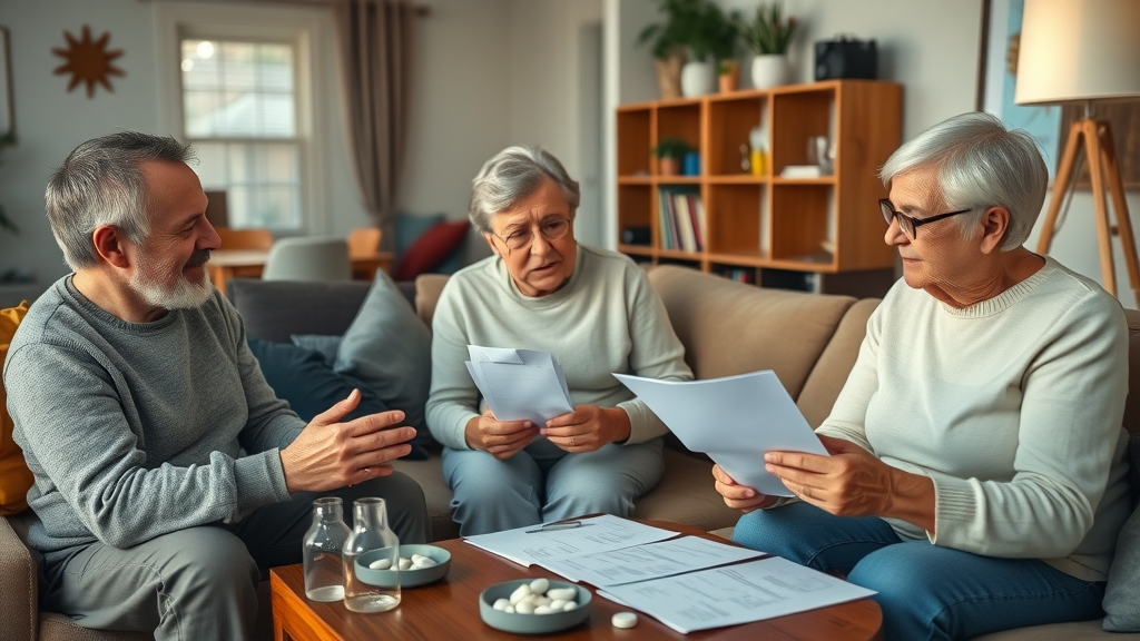 concerned American family of varying ages debating medical bills in living room, highlighting the US healthcare crisis