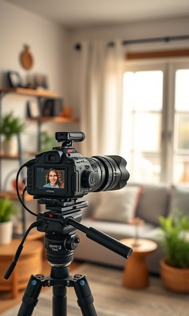 engaging video content creation, joyful, filming with a camera, photorealistic, cozy home studio with creative decor, highly detailed, slight motion blur, 6k resolution, warm hues, natural daylight, shot with an 85mm lens