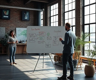 innovative video branding session, inquisitive, sketching ideas on a whiteboard, photorealistic, urban loft with exposed brick and large windows, highly detailed, shadows cast on the floor, 10k resolution, monochrome with accent colors, studio lighting, shot with a 35mm lens