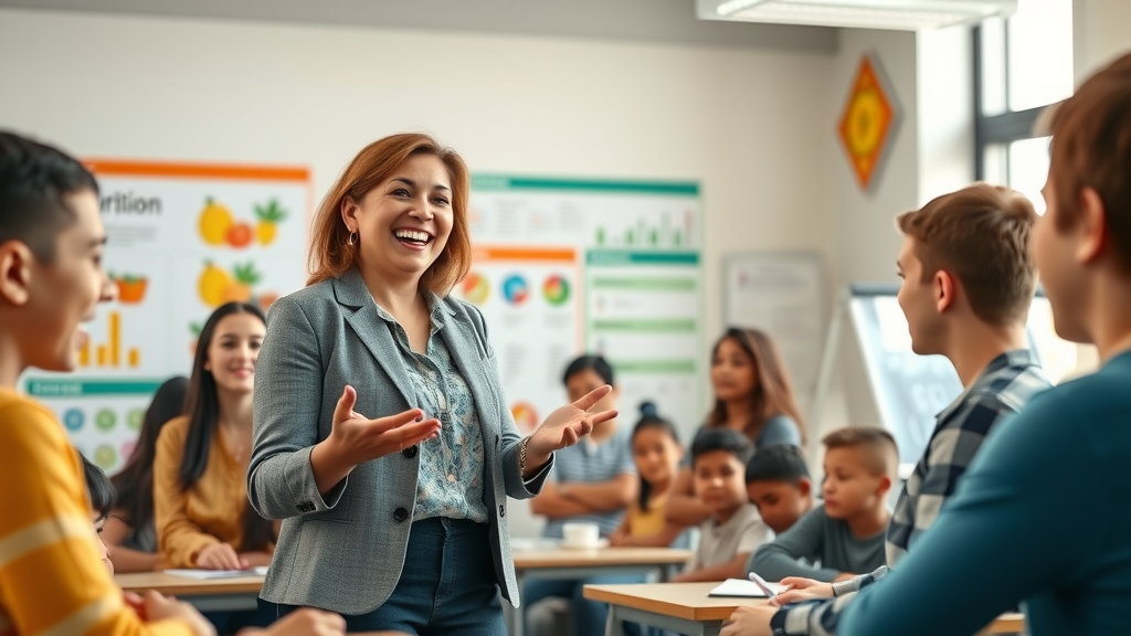 nutrition and wellness class with enthusiastic educator guiding diverse students with nutrition charts and colorful meal props