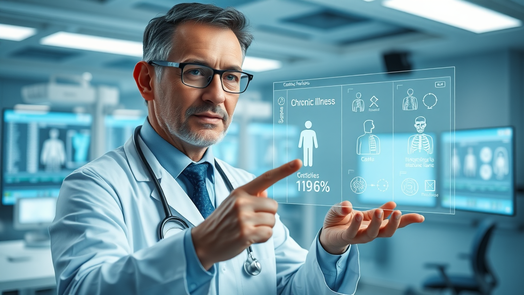 healthcare professional showing a digital diagram of chronic illness causes chronic disease self-care strategies