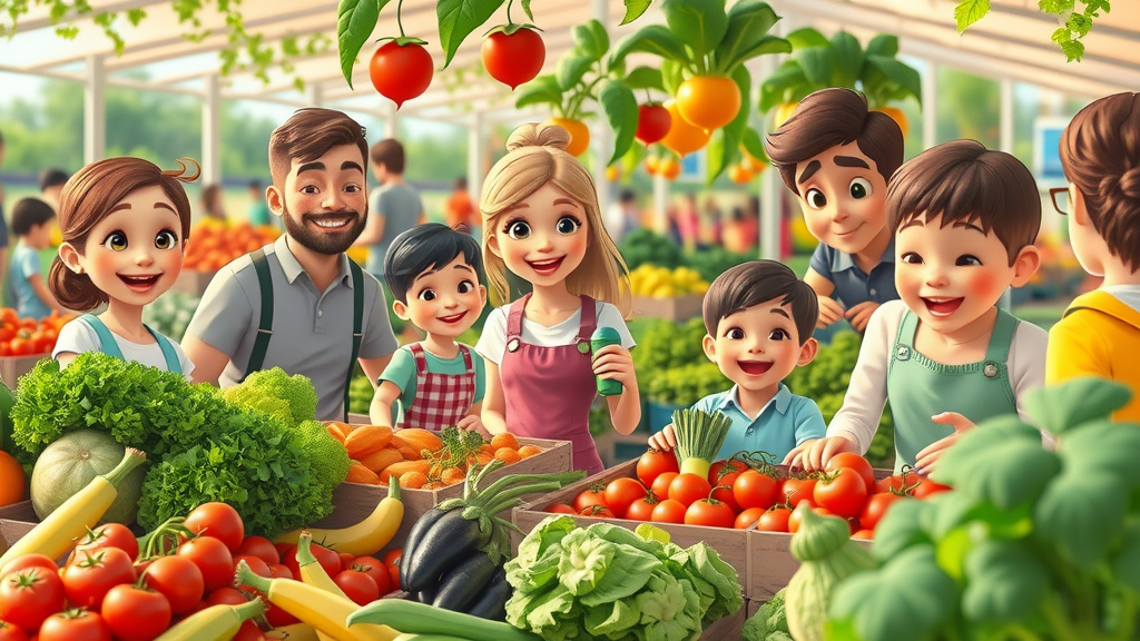Families and children selecting fresh produce in a dynamic community food market scene