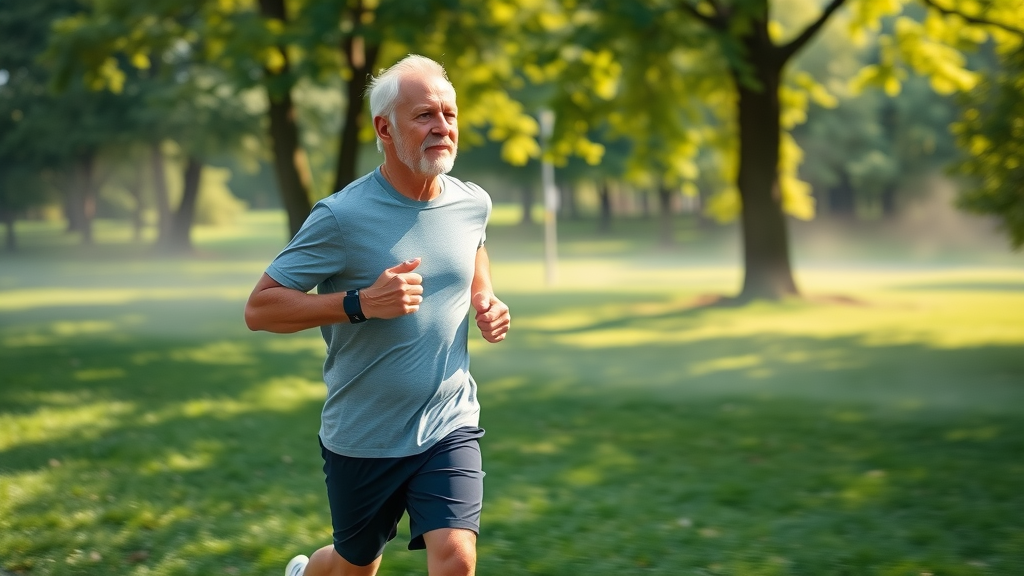 determined senior man jogging with fitness tracker for preventive wellness
