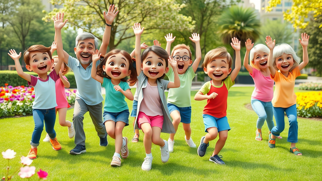 Energetic children and older adults exercising together outdoors for health stages in a city park