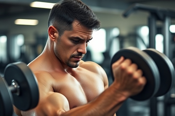 dedicated health fitness trainer, intense focus, lifting dumbbells, photorealistic, in a modern, fully-equipped gym, sweat droplets visible, muscles tensed, technical details of workout equipment, strong midtones, balanced artificial lighting, shot with a 50mm lens.