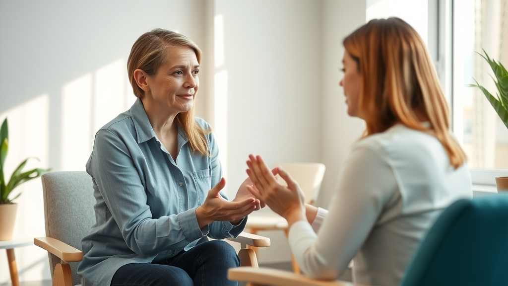 professional therapist speaking gently to a client in a bright inviting therapy office, attentive and empathetic, therapy session in action, therapy and counseling process, highly detailed