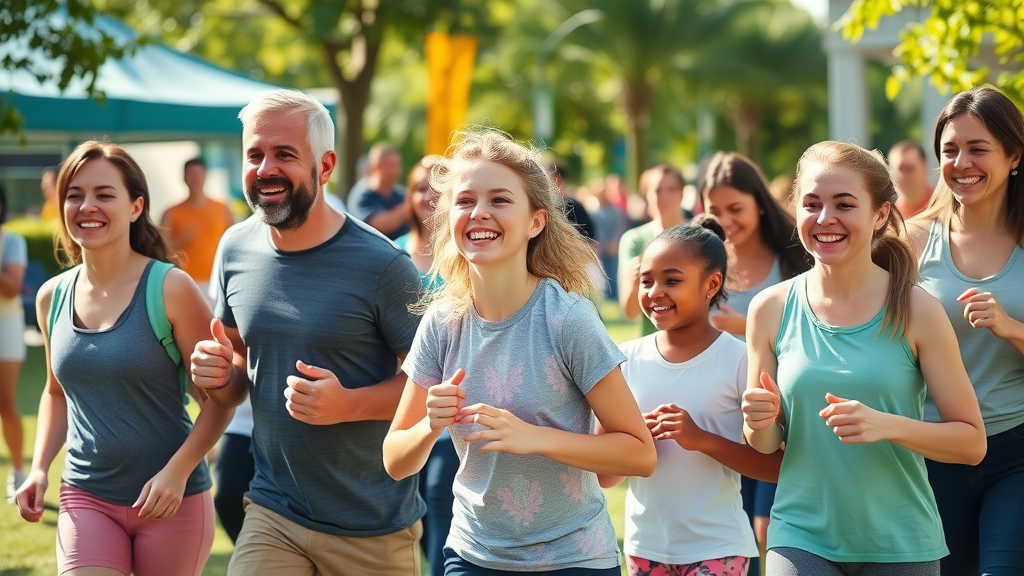 Motivated group joining outdoor community wellness event, fitness activity in park, local health & wellness experts, public health promotion