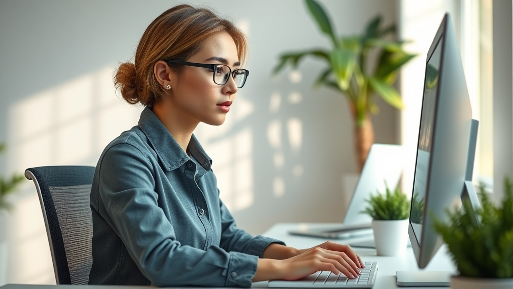 emotional well-being serene professional focused at computer in modern workspace
